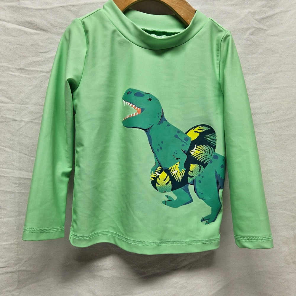Carter's Rash Guard Swim Shirt Toddler 2T Green Dinosaur T-Rex Long Sleeve Mock